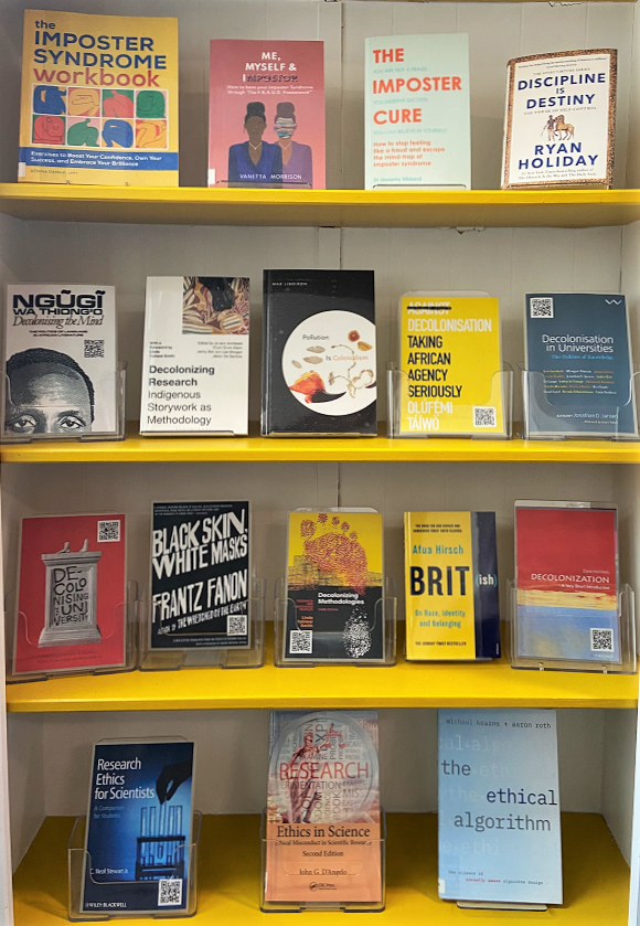 Four shelves displaying a range of book covers selected to support the Science in Society lecture series.